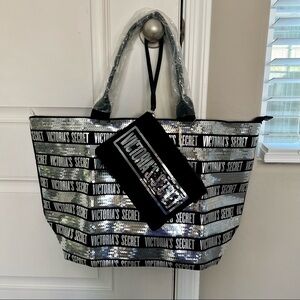 NWT Victoria Secret Fabric/Leather Tote Bag w/ Pouch set